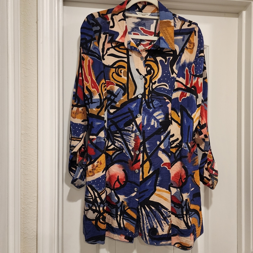 John Mark Tunic Top Button Front Floral Multicolor Rayon  XL Eclectic Art Boho
